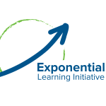 Exponential Learning Initiative Logo with the name of the initiative underneath a blue exponential arrow that's curving upwards to the right with a green semi-circle behind the arrow