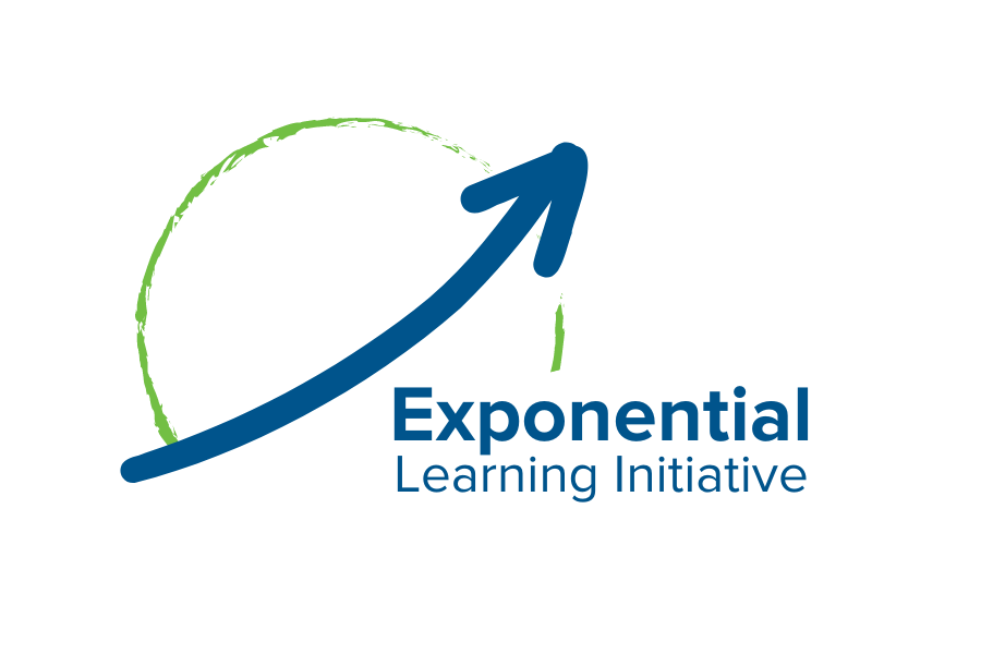 Exponential Learning Initiative Logo with the name of the initiative underneath a blue exponential arrow that's curving upwards to the right with a green semi-circle behind the arrow