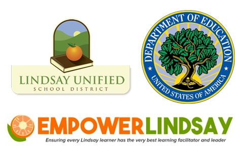 Three logos arranged vertically: The Lindsay Unified School District logo, the U.S. Department of Education seal with a stylized tree symbol in blue and white, and the "Empower Lindsay" logo in orange and green text with a sun-like symbol and tagline "Ensuring every Lindsay learner has the very best learning facilitator and leader"